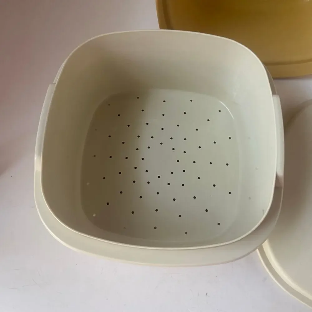 Vintage Tupperware Square Microwave Steamer 3 Piece Set Harvest Gold 888-10 GUC
